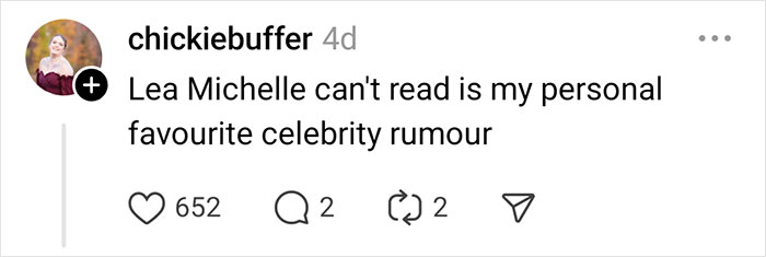 Social media comment on a celebrity rumor about Lea Michelle with engagement stats below it.