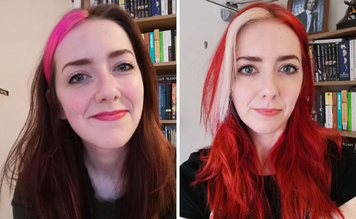 Two images showing a woman with changing hair color from pink highlights to vibrant red.