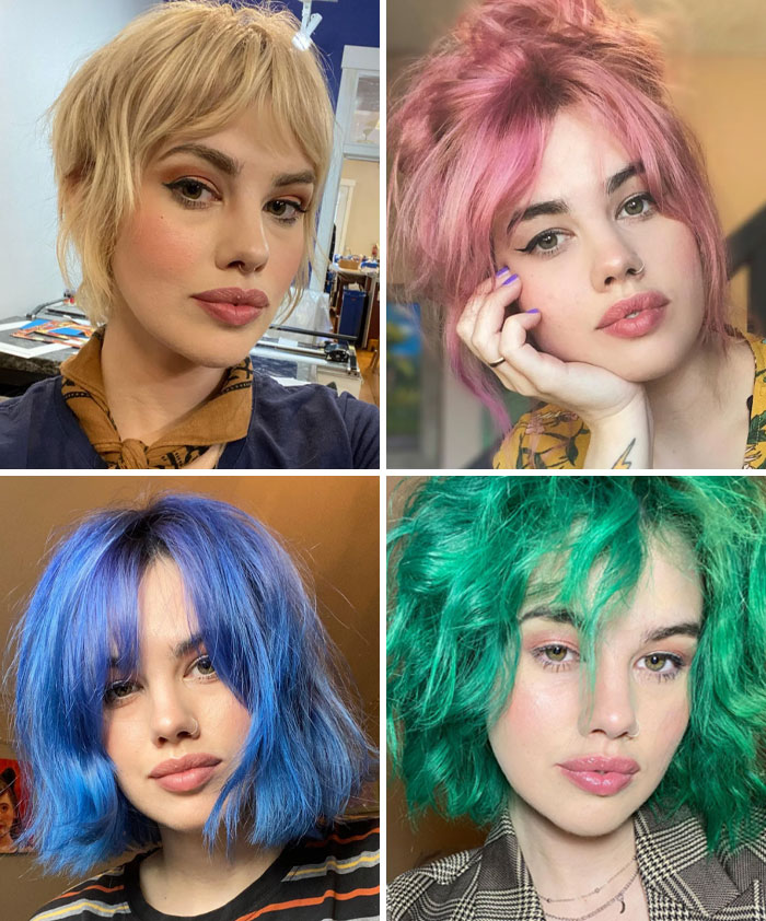 Four images showcasing changing hair color: blonde, pink, blue, and green hairstyles.