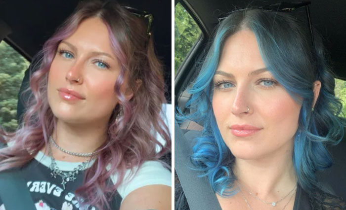 Woman with purple hair on left and blue hair on right, illustrating changing hair color.