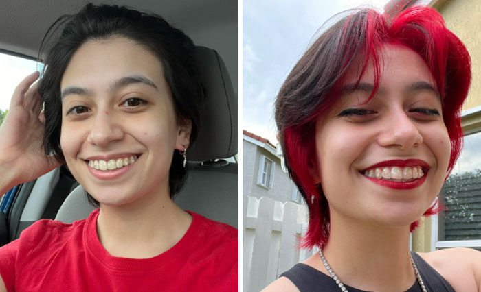 Before and after image of a person changing hair color from black to vibrant red.