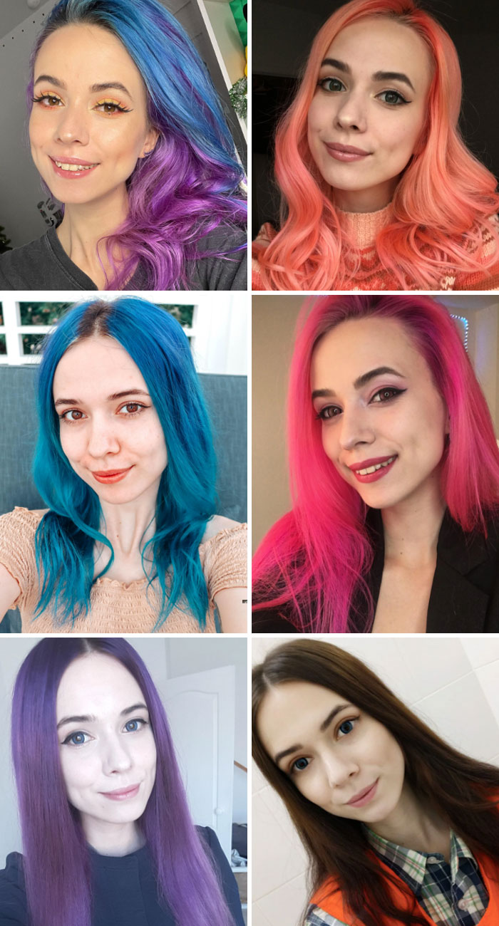 Woman showcasing changing hair color in blue, orange, pink, purple, and natural shades, each with a different hairstyle.