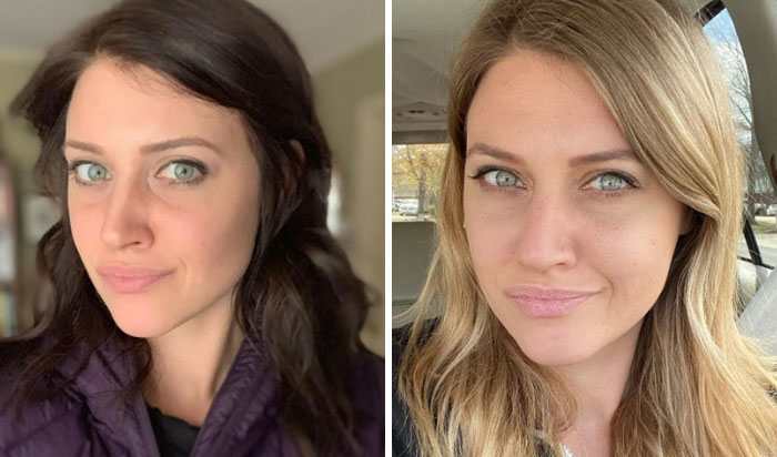 Woman showing changing hair color from dark to light in before and after images.