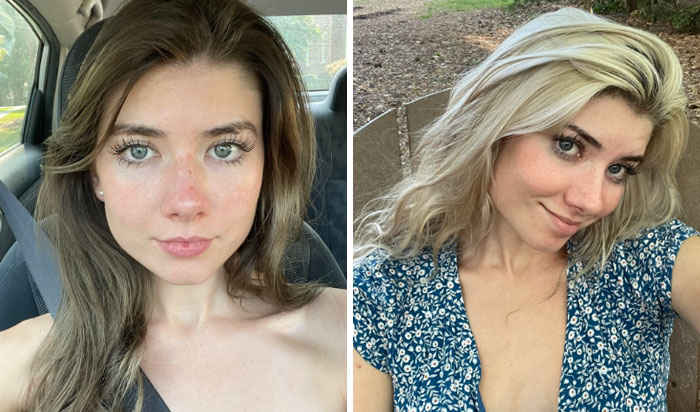 Woman with changing hair color from brown to blonde in side-by-side photos.