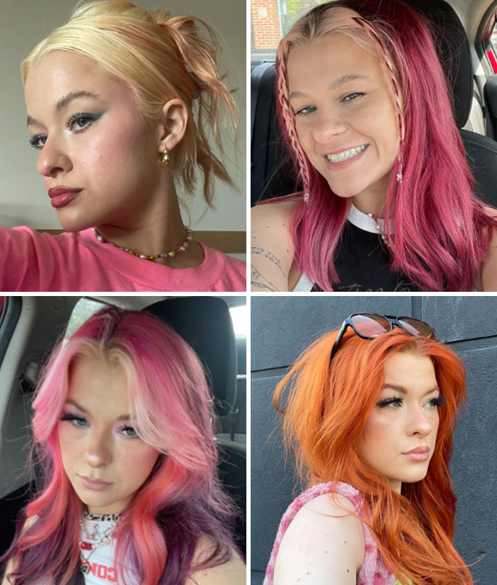 Different styles of changing hair color, showing blonde, pink, and orange hues.