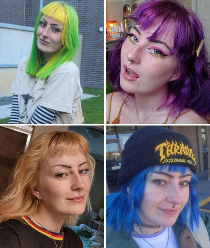 Four images of a person with different changing hair colors: green, purple, blonde, and blue.