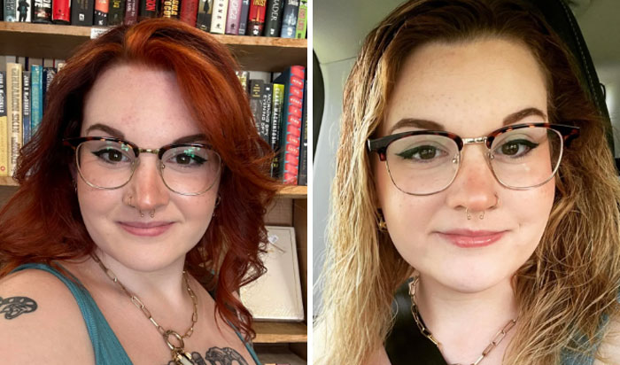 Woman with changing hair color from red to blonde, wearing glasses and a necklace.