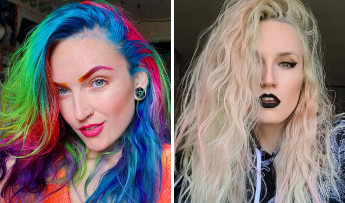 Two women showcasing changing hair color, one with vibrant rainbow hues and the other with pastel blonde waves.