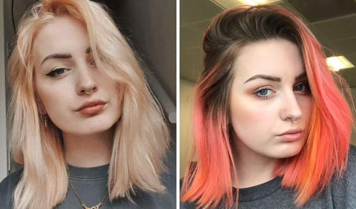 Two images showing the same person with different hair color, demonstrating changing hair color transformations.