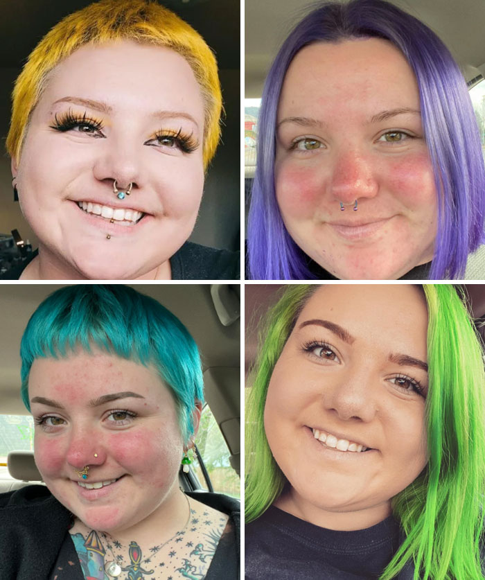 Four images of the same person showcasing changing hair color: yellow, purple, blue, and green.