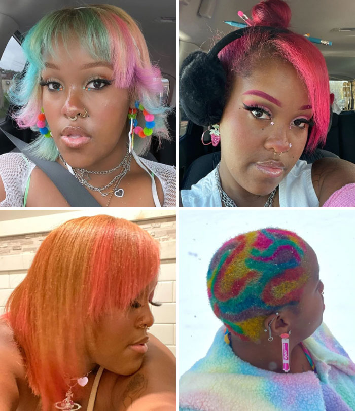 A person showcasing various changing hair color styles in a collage, featuring vibrant and creative designs.