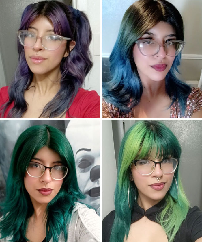 Four different hairstyles showcasing changing hair color in shades of purple, blue, and green.