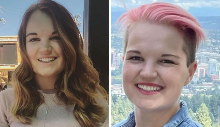 Two images side by side showing a woman before and after changing hair color from brown to pink.