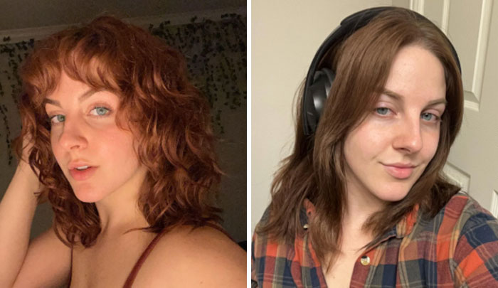 Two images showing a woman's changing hair color: one with red curls and another with straight brown hair and headphones.