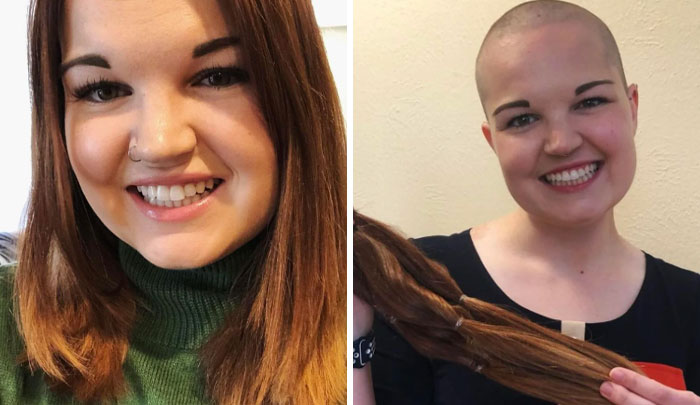 Woman before and after changing hair color, smiling while holding cut hair.