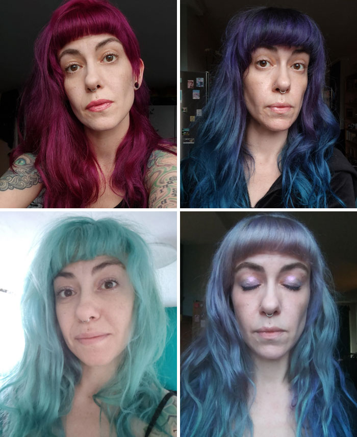 Woman showcasing different changing hair color styles: red, purple-blue, mint green, and pastel blue with closed eyes.