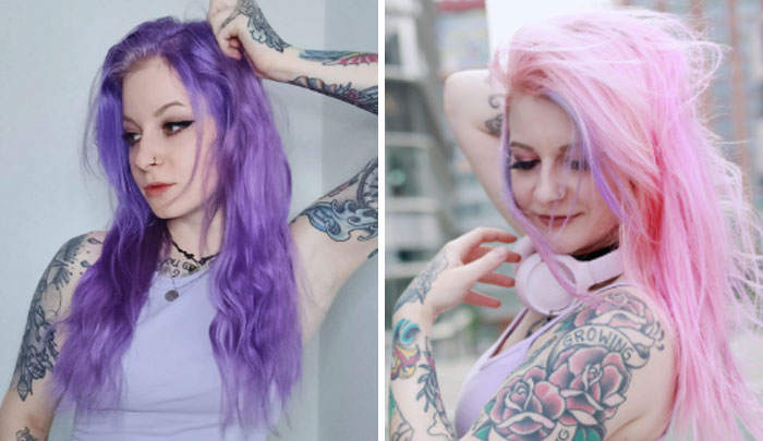 Woman showcasing changing hair color from purple to pink, with tattoos on her arms, in two different settings.