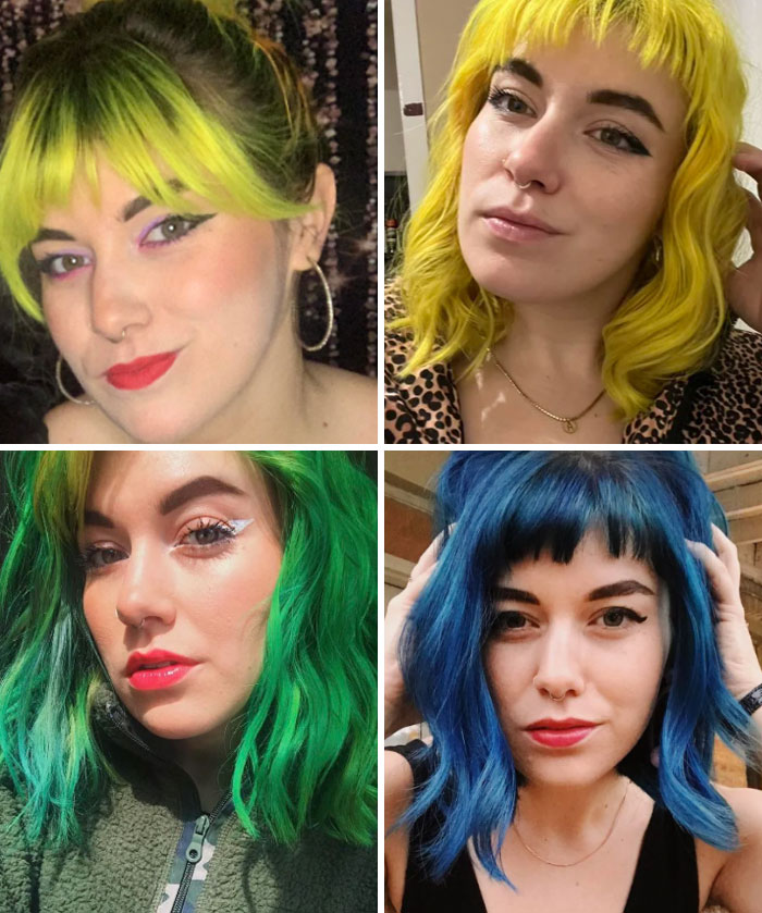 Four portraits of a person with vibrant hair colors: yellow, green, and blue, showcasing changing hair color styles.