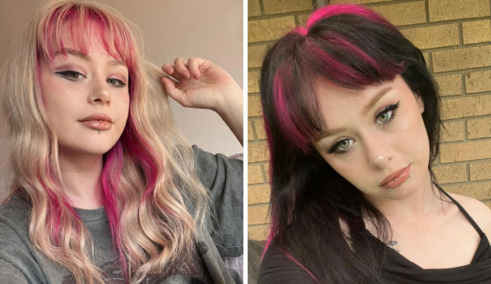 Woman with changing hair color, blonde to black, featuring pink highlights, posing indoors.