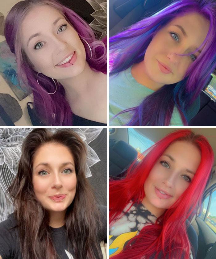 Women showcasing vibrant results of changing hair color in purple, black, red, and more styles.