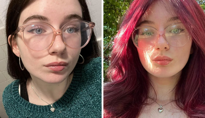 Woman with glasses before and after changing hair color from dark brown to vibrant pink.