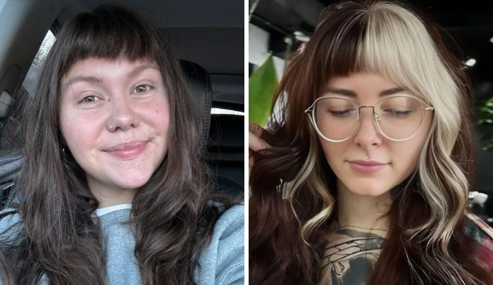 Before and after images showing changing hair color transformation with new highlights.