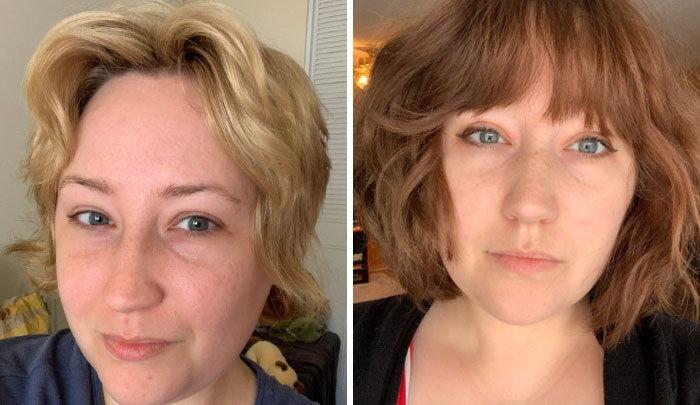 Two images showing a woman with different hair colors illustrating changing hair color.