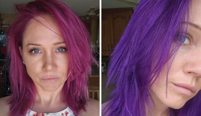 Woman with changing hair color from pink to purple, showing vibrant hairstyles.