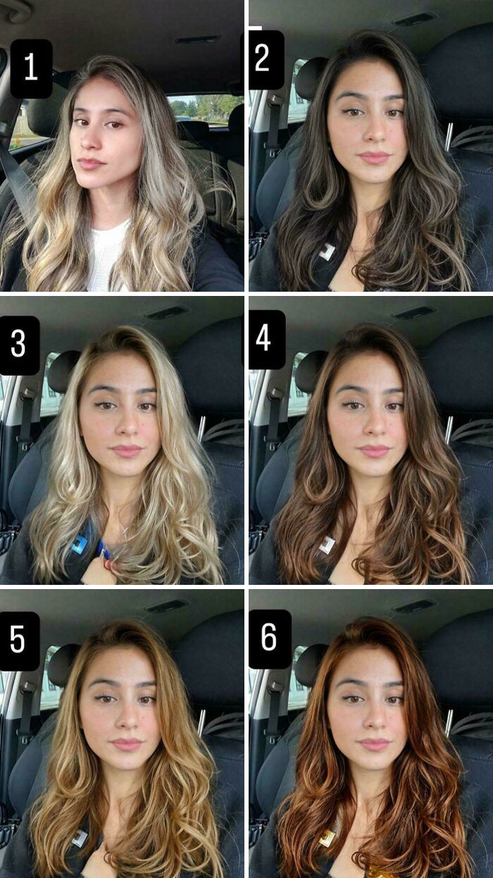 Collage of six images showing different hair colors on the same woman in a car, highlighting changing hair color.