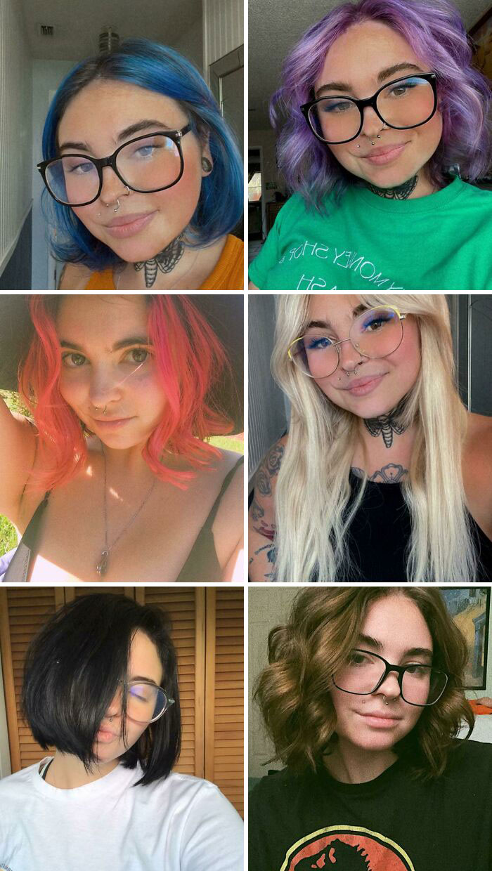 Woman showcasing changing hair color styles from blue to brown.