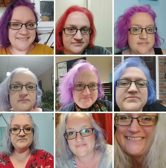 Woman with glasses shows changing hair color in a 3x3 grid: purple, red, pink, white, lilac, and blue.