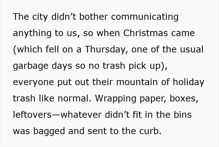 Text highlighting garbage collection issues during Christmas due to lack of communication.