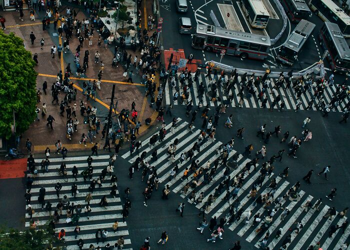 Aerial view of a crowded pedestrian crossing, showcasing urban life and diverse ways of living cheaply in comfort.