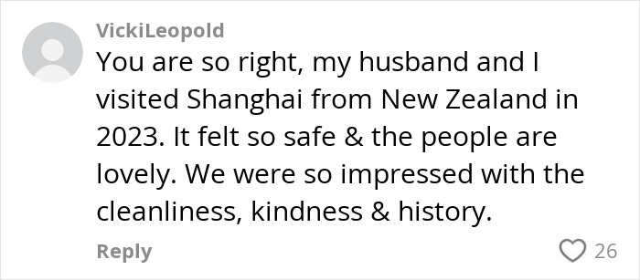 Comment praising Shanghai's safety and culture by a traveler.