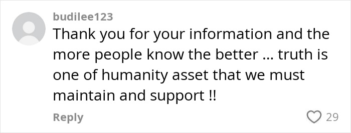 User comment expressing gratitude for shared information, emphasizing truth as a valuable asset.