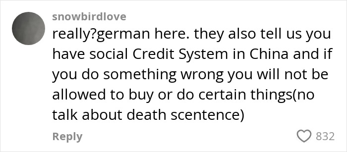 Comment discussing China's social credit system on social media platform.