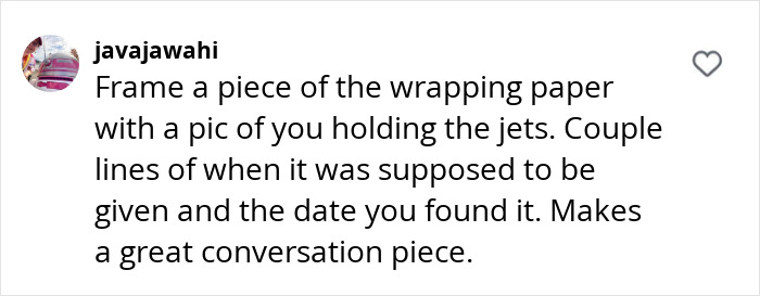 Comment by user suggesting a framed gift wrap and note for forgotten Christmas gift discovery.