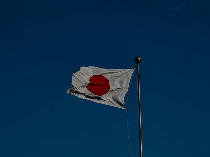 Japanese flag waving under a clear blue sky, intriguing facts context.