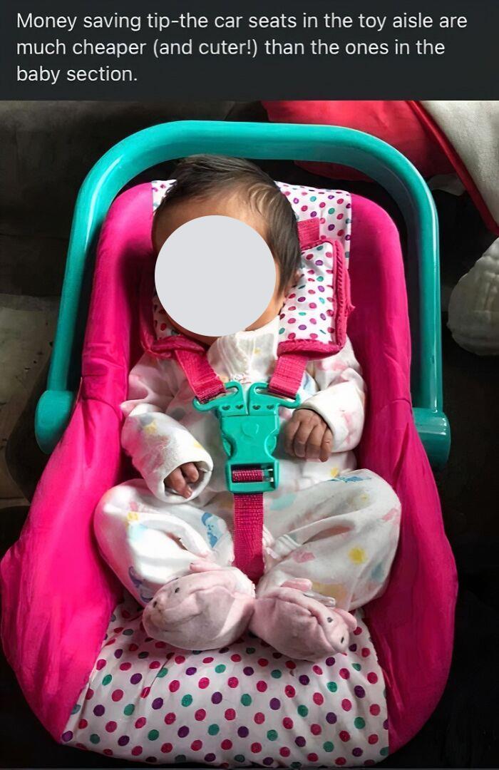 Baby in a toy aisle car seat, highlighting a cost-saving tip related to ignorant-parents.