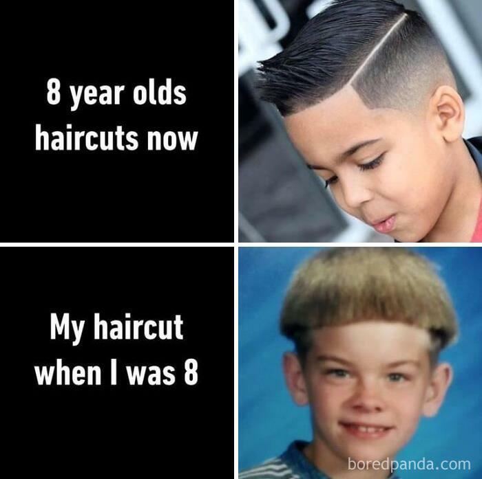 Comparison of kids' modern and outdated haircuts, showcasing a tragic hair accident.