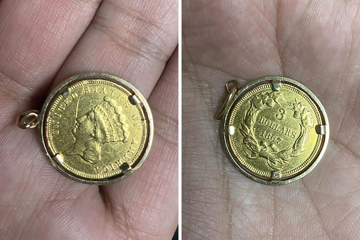 A 3-dollar gold coin from 1865, an intriguing piece for numismatists, displayed in an open hand.