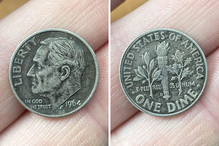 Close-up of a 1964 US dime, a potential holy grail for numismatists.