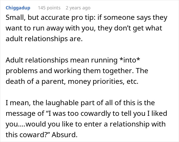 Text on adult relationships advice regarding love confessions.