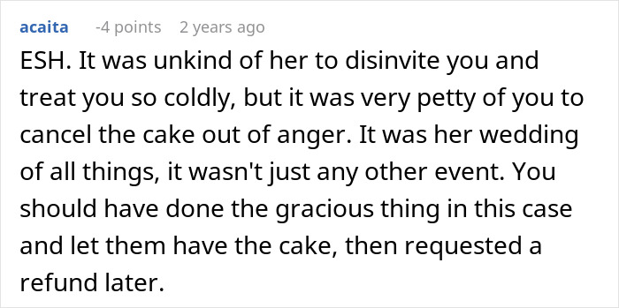 Comment discussing a wedding cake cancellation due to a conflict between a bride and her ex-BFF.