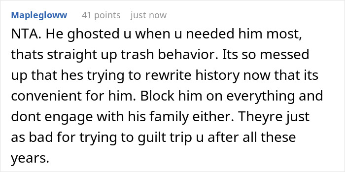 Text comment discussing guilt-tripping by a teen after giving up child for adoption, advising to block and not engage.