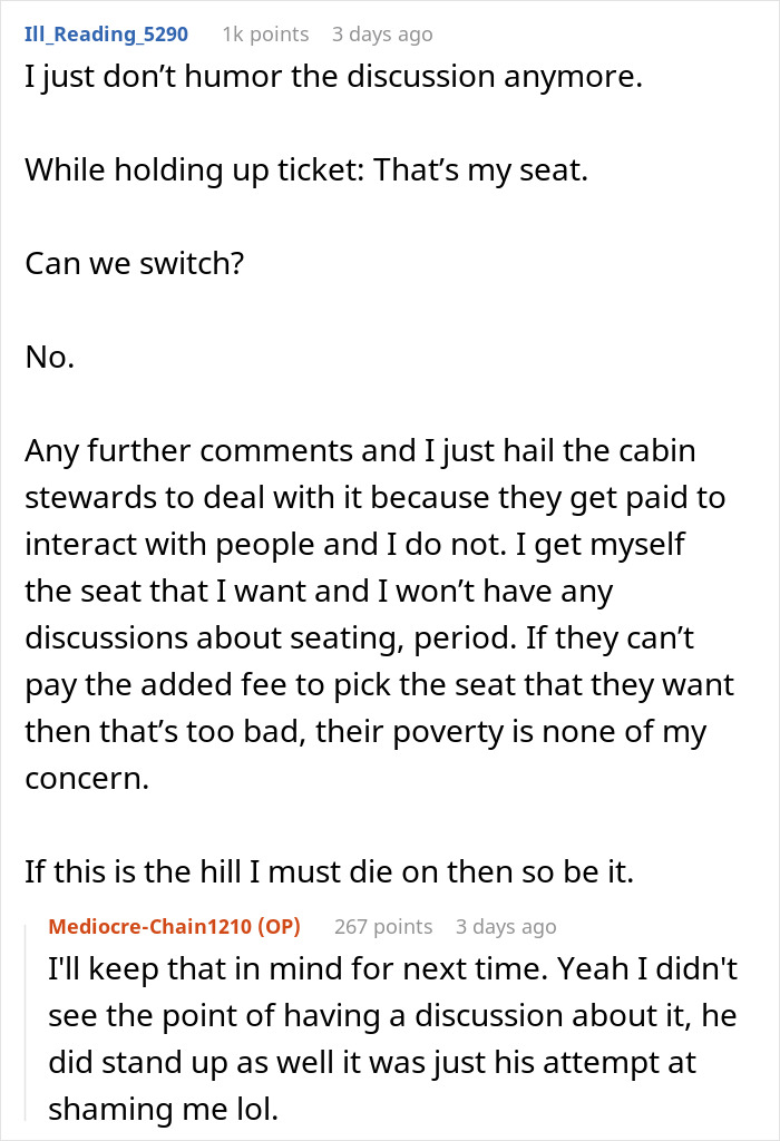 Reddit post about refusing to switch an aisle seat, discussing seating preferences and confrontation.