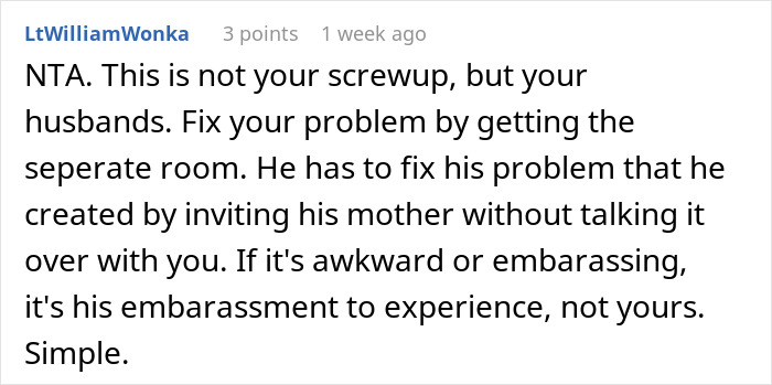 Reddit comment discussing vacation room issue with MIL, suggesting a separate room for mother-in-law.