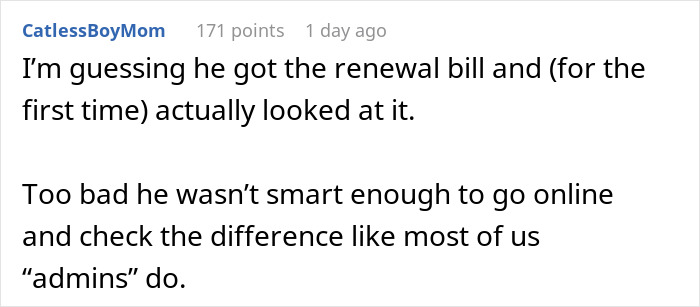 A Reddit comment discussing an unexpected bill and lack of online research highlighting revenge.