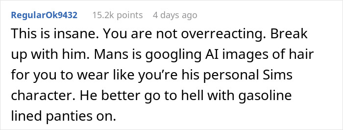 Comment advising a woman not to overreact about her boyfriend's AI image requests.