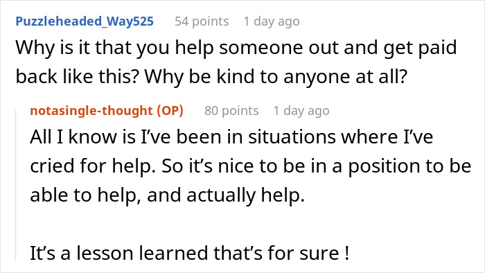 Reddit comments discussing the experiences and lessons of helping a so-called friend who misused trust.